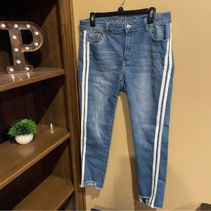size 13- Blue Jeans w/ White Stripes and Raw Hem Design